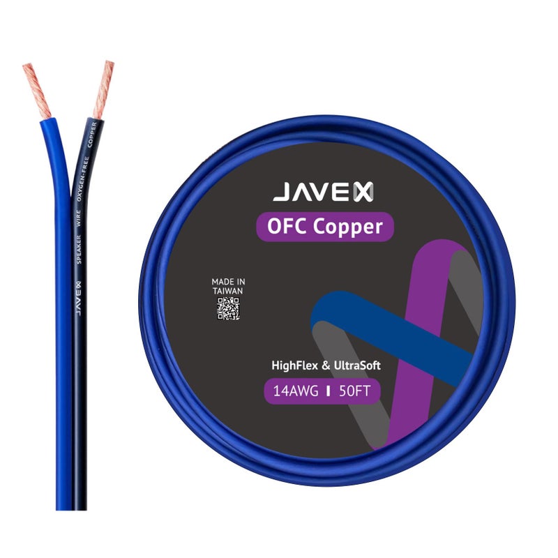 JAVEX 14-Gauge AWG Audio Speaker Wire (50 FT), [OFC Oxygen-Free Copper] HighFlex Thin Flat Cable for Automotive Car Stereo Audio, HI-FI Stereo, Home Theater, Blue/Black - Image 1